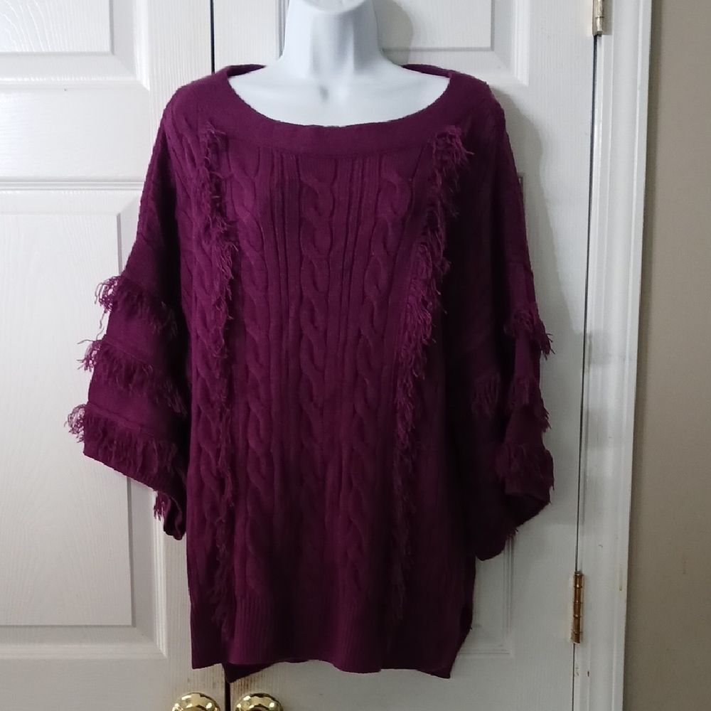 New York & Co Eggplant Purple Cable Knit  Fringe Sweater  Sz XL NWOT